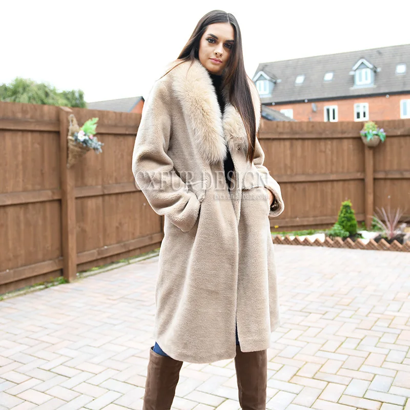 CX-G-T-14D, элегантное модное дизайнерское зимнее женское пальто из овечьей шерсти с воротником из лисьего меха, женское меховое пальто