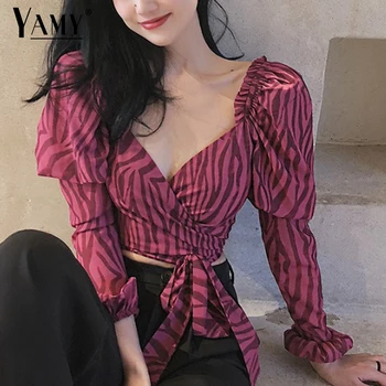

Sexy crop blouse women wrap shirt ladies animal print blouse women vintage striped shirt long sleeve tie front top ladies