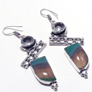 

Botswana Agate Silver Overlay on Copper Earrings Hand made Women Jewelry Gift