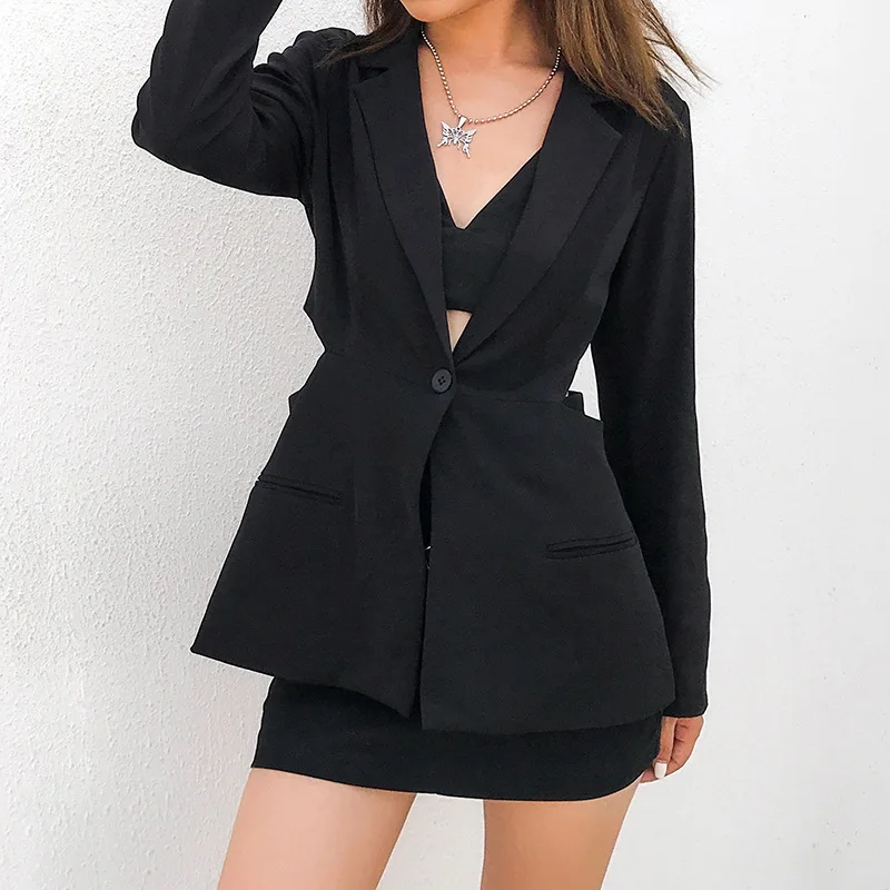 

Fashion Elegant Black Autumn Blazer Ladies One Buttons Coat Waist Hollow Out Office Women Blazers and Jackets Outwear