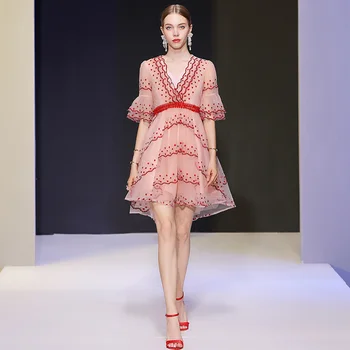 

Seifrmann Summer Women Fashion Designer Mesh Dress Flare Sleeve Embroidery Lace Elegant Female A-line Short Dresses vestidos