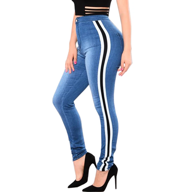 Side Striped High Waist Skinny Jeans Leggings Woman Sexy Push Up