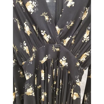 

Women Floral Printed Mini Dress Pleated Asymmetric V-neck Long Lantern Sleeve Early Autumn Ladies Dresses