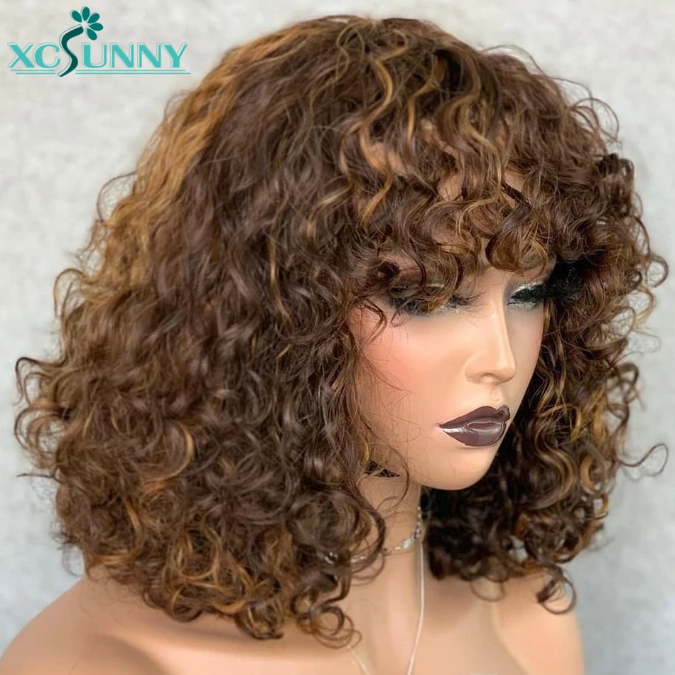 Highlight Wig Human Hair Curly Full Machine Made Wig With Bangs Colored Highlight Blonde Remy Brazilian For Women xcsunny
