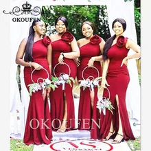 Красное платье подружки невесты с одним плечом и цветами, Черное женское длинное строгое платье русалки с разрезом по бокам для свадебной вечеринки