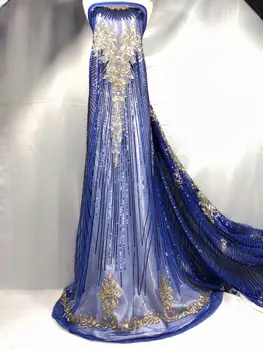 

2020 Latest Blue African Lace Fabric Embroidery Nigerian 3d Sequins Lace Fabric.High Quality French Tulle Lace Fabric For Women