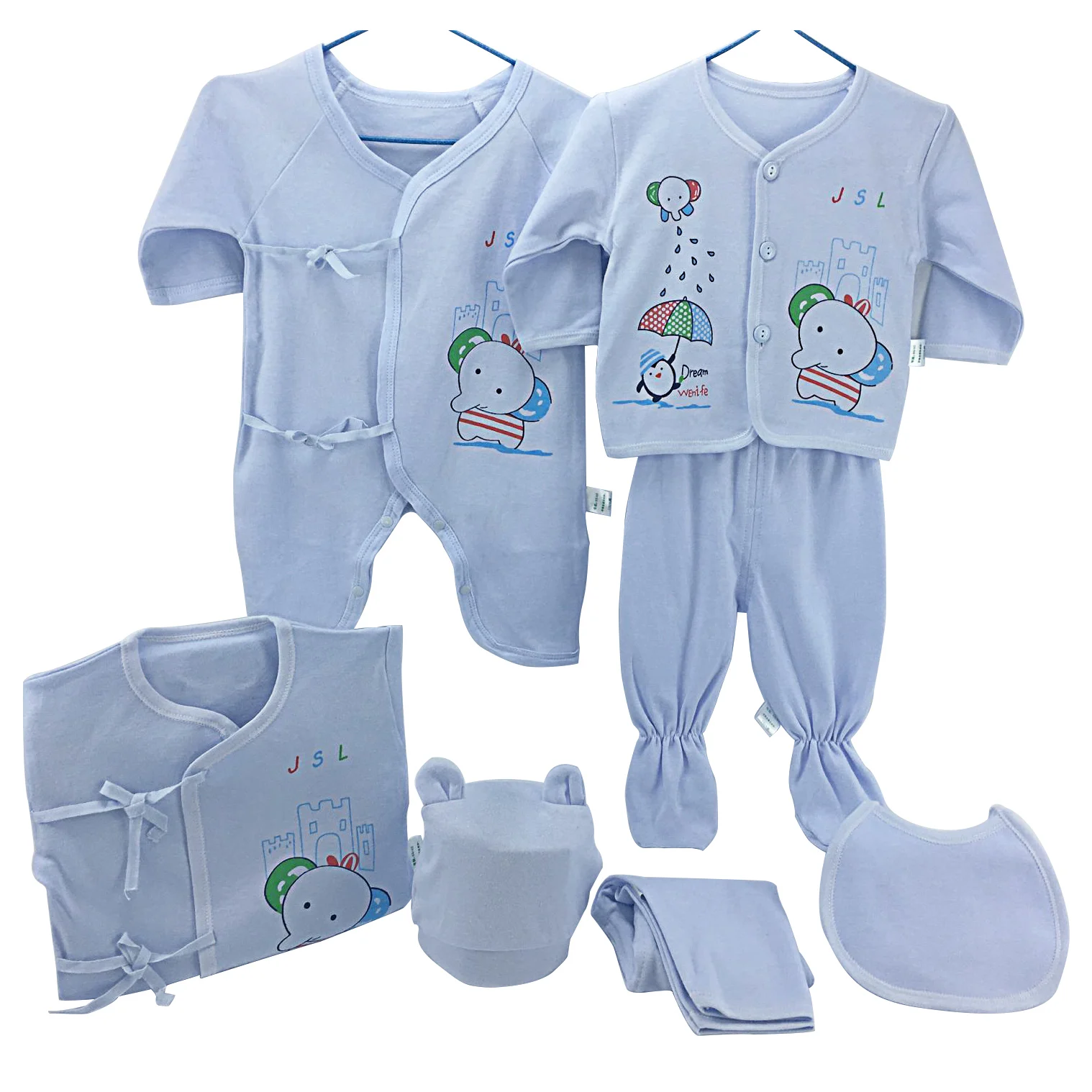 7pcs/set Baby Clothes Set Cartoon Kids Newborn Girl Boy Cotton Sets Infant Clothes Shirt+pant+romper+hat+bibs