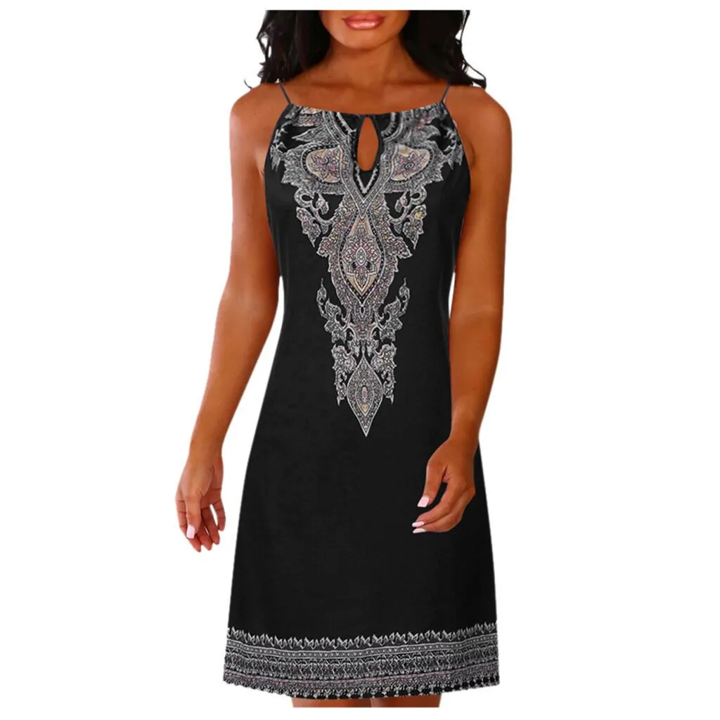 Womens Dresses New Arrival 2020 Women Halter Neck Boho Print Sleeveless Casual Mini Beachwear Dress Sundress