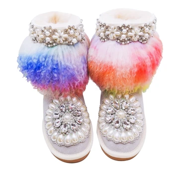 

OLOMLB Womens Round Toe Rhinestones DIY Ankle Boots Pearls Real Rainbow Fur Furry Warm Winter Snow Shoes Luxury Australia