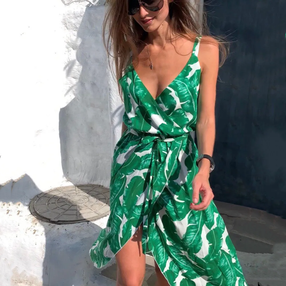 Bohemian Women Summer Dresses Beach Casual Sleeveless Party Sundress Green Boho Female Elegant V-neck New Ladies Dress for Women