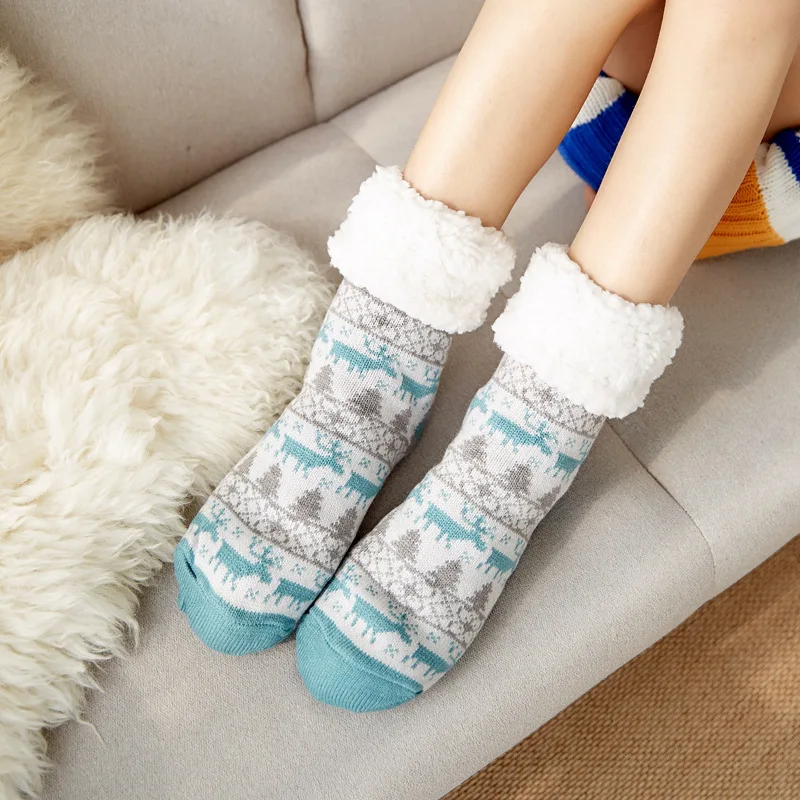 Женские удобные носки; теплые вязаные праздничные зимние Утепленные тапочки с флисовой подкладкой; домашние рождественские пушистые женские носки-Тапочки - Цвет: Lake Blue