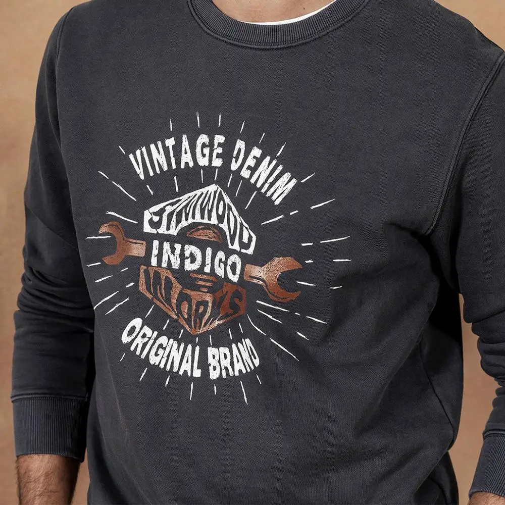 SIMWOOD Autumn Winter New Letter Print hoodies men vintage casual o-neck Indigo dye cotton Jogger Sweatshirt 190455
