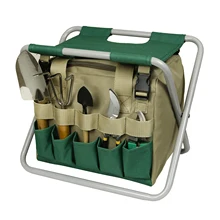 

Folding Gardening Stool Tote Bag with Multiple Pockets Portable Green Garden Tool Organizer Seat Storage Chairs
