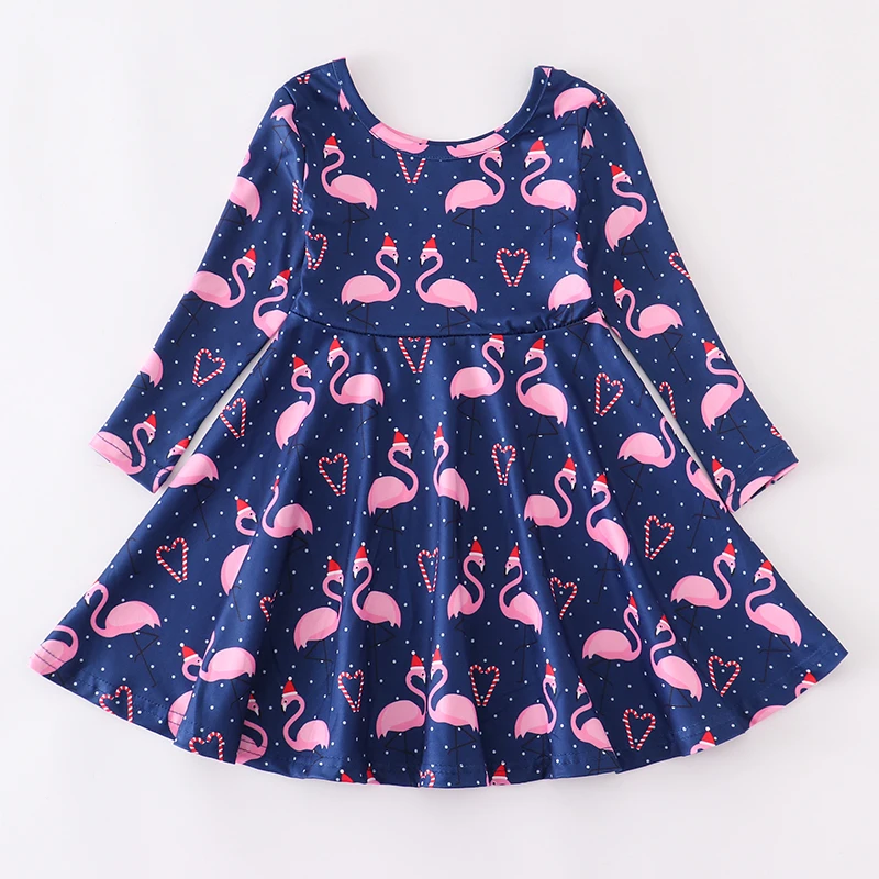 Girlymax Christmas Baby Girls Kids Clothing Milk Silk Dinosaur Flamingo Santa Print Ruffles Twirl Dress Knee Length Long Sleeve dress haloween