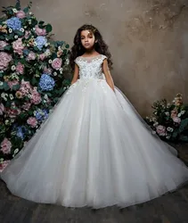 New Ivory White Flower Girls Dresses For Wedding Scoop Neck Applique Beaded Lace First Communion Dress Princess Pageant Gown