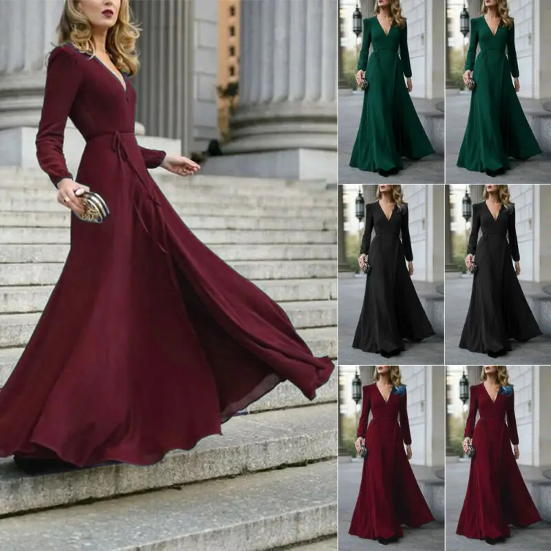 Vintage Women Deep V Neck High Slit Maxi Long Dress Long Sleeve Prom Gown Evening Party Formal Retro Dress mujer vestito