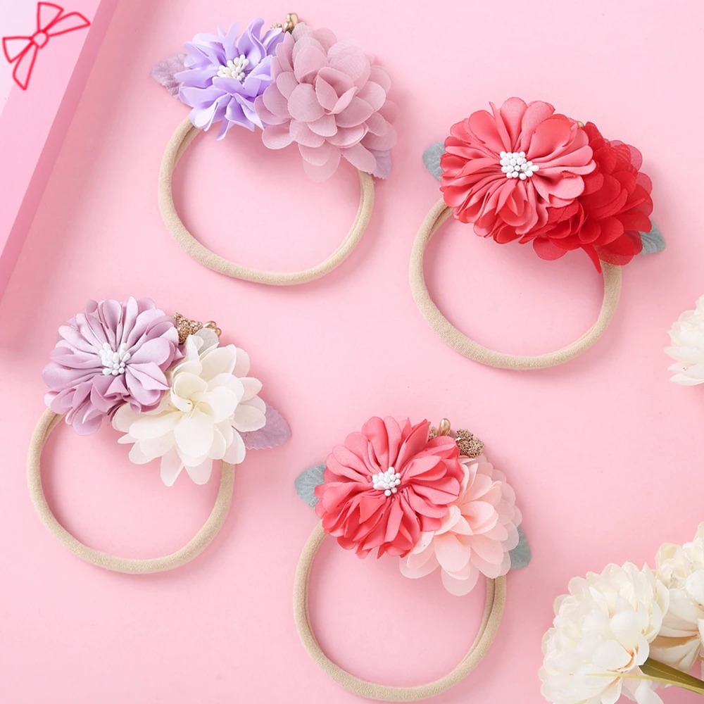 

2020 New Korean Artificial Flowers Hair Bands For Kids Chiffon Hair Ties For Girl Nylon Elastic Hair Accessories Children Gifts