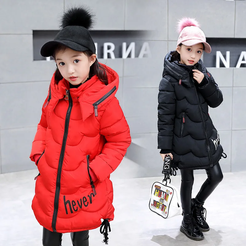 

Childrenswear Girls Winter New Style 2018 Middle And Large Children Printed Lettered Removable Hood Thick Long Hand Cotton-padde