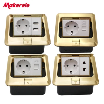 

Floor Socket EU Standard square shape Pop Up Outlet Box with rj45 net/phone/USB connector Copper alloy panel Makerele