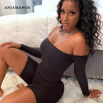 

ANJAMANOR Sexy Off Shoulder Long Sleeve One Piece Jumpsuits for Women 2020 Fall Black Blue Butterfly Bodycon Romper D85-BB20