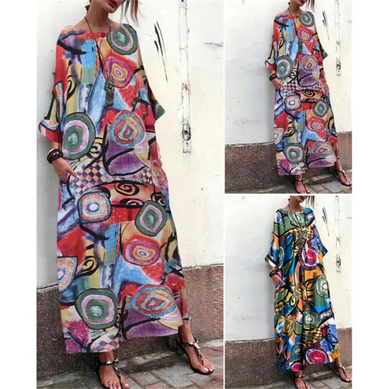 

Womens Autumn Batwing Sleeves Crew Neck Maxi Long Dress Bohemian Colorful Abstract Printing Oversized Loose Beach Kaftan Tops