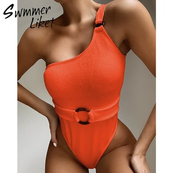 

Solid one shoulder swimwear Vintage swimsuit women 2020 belt bathing suit bathers high cut bikini monokini new bodysuit Mujer