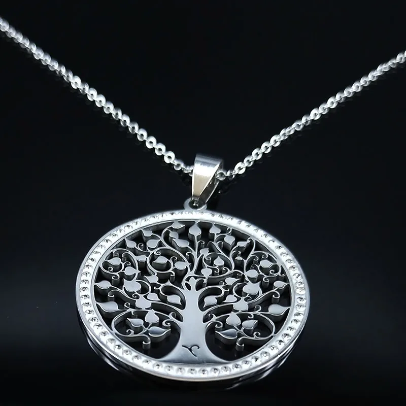 Tree of Life Crystal Stainless Steel Statement Necklace Women Silver Color Necklace Jewelry Christmas Gift collar mujer N19836
