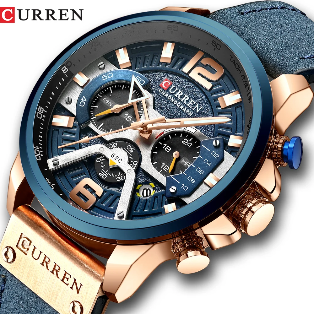 Мужские наручные часы CURREN на кожаном ремешке, голубые, с секундомером