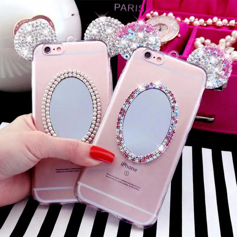 

Mobile phone case for iphone 8plus X XR XS MA Mickey ear gypsum diamond claw chain mirror protection soft cover