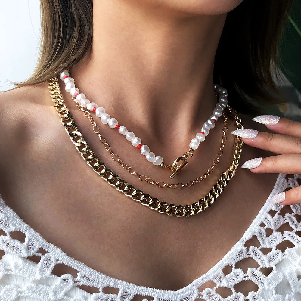 

YAAYOO 3pcs Imitation Pearl Gold Plated Vintage Multilayer Chains Necklace Hyperbole Round Geometry Chain Jewelry For Women