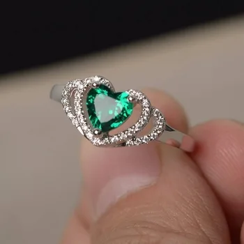 

High Quality 925 Silver Double Love Heart-set AAA Zircon Ring Hollow Emerald Engagement Wedding Gift Jewelry Ring Wholesale