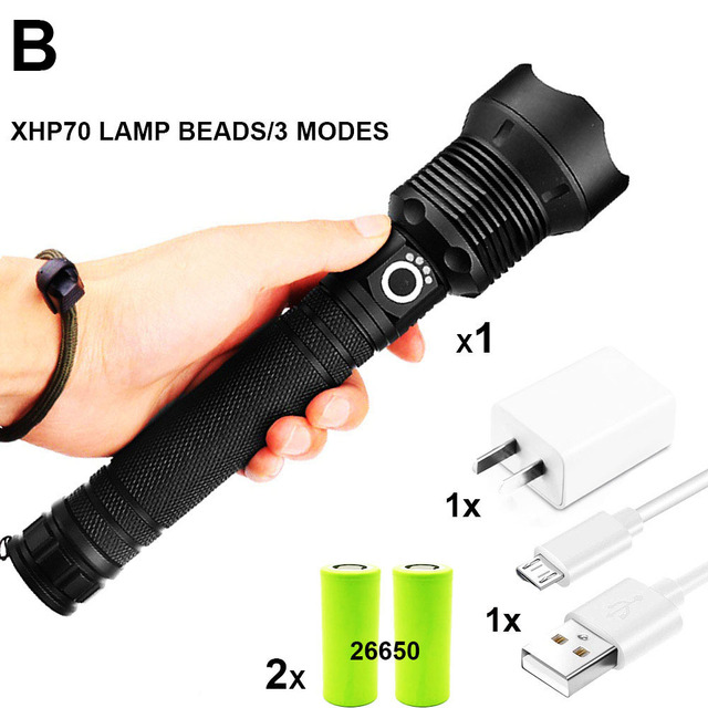 Dropshipping 18650 26650 Ultra Bright LED Tactical Flashlight XHP70 Waterproof Handheld Self-defense Flashlight 3 Mode
