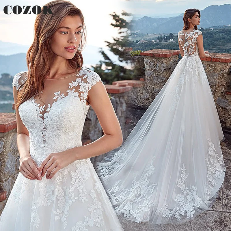 

Elegant Wedding Dresses for Bride A-line Floor Length Tulle Lace Appliques Formal Bridal Gowns CO17