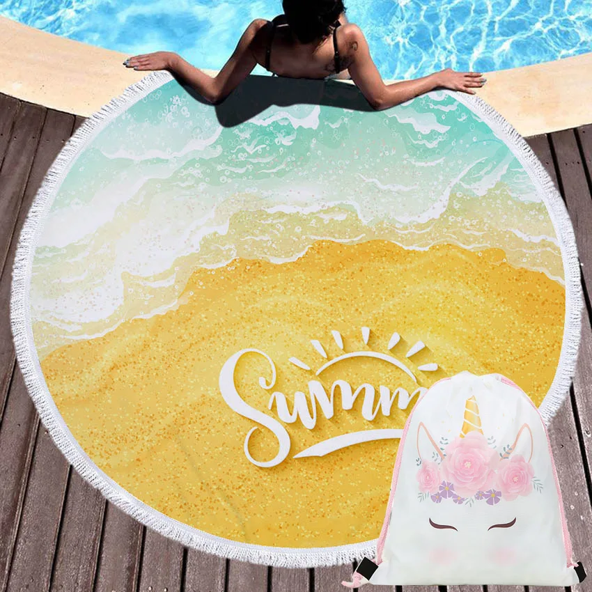 

Summer 150cm Round Pineapple Scenery Beach Towel Seaside Bath Towel Blanket Yoga Circle Mat Cover With Drawstring Backpack Bag