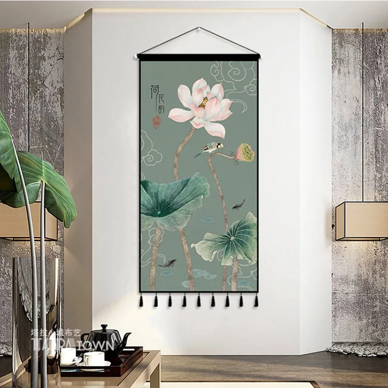 

Chinese Style Lotus Wall Paintings Hanging Tapestry Wall Art Vintage Room Decor Aesthetic Poster Decoracion Para Sala