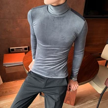 Азиатский размер Slim Fit стрейч бархат водолазка Мужская футболка с длинным рукавом осенние вечерние Нежные мужские