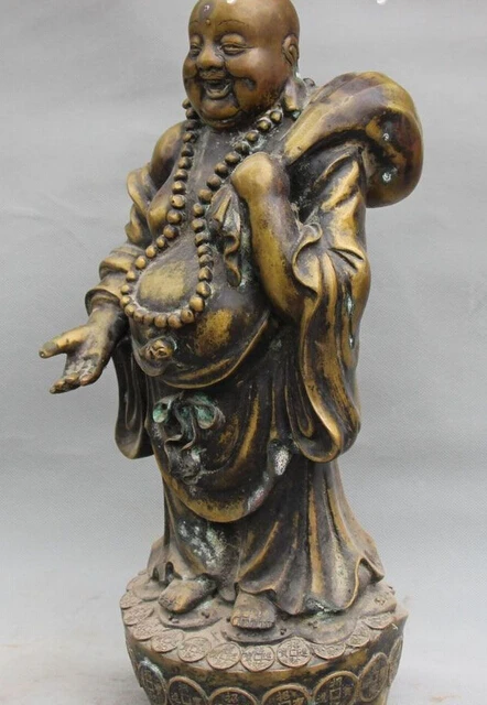 zhao6868 bir 006370 16" Old Chinese Bronze Wealth Happy Laugh Maitreya Buddha Hold Money Bag Statue