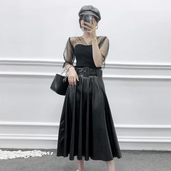 

Women A Line Chic PU Leather Solid Midi Skirt Bow Tie Belt Side Zipper Female Basic Casual Fashion Skirts Mujer