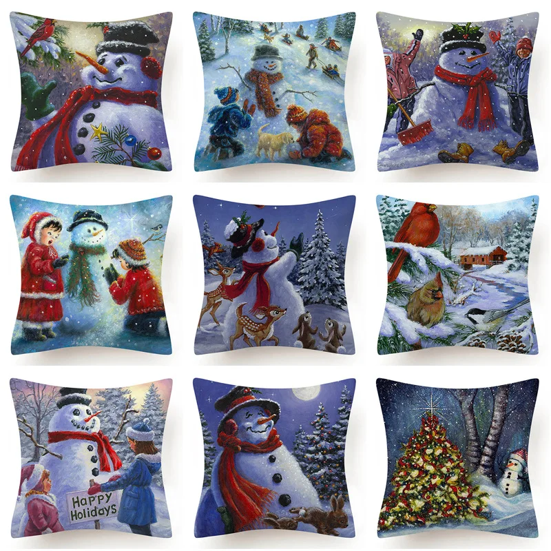 

Christmas Decoration Pillow Case Snowman Pattern Pillowcases Throw Cushion Cover Cotton Linen Happy New Year Party Supplies