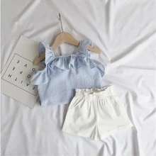 

VIDMID Girls' Plaid suspender set summer new foreign style baby Ruffle sleeveless vest fashionable Chiffon fashion sets P6075