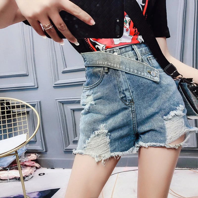 

2019 Summer Women Irregular Vintage Blue Short Jeans Ripped Hole Straight Jean Shorts Fashion All Match Mid Waist Streetwear