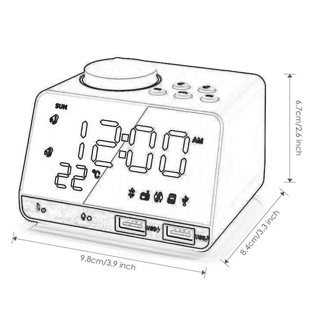 Digital Alarm Clock Bluetooth Radio Alarm Clock Speaker Temperature 2 USB Ports LED Display Home Decoration Snooze Table Clock