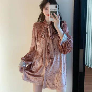 

lazy women's long velour shirts full sleeve women bow tie velvet tops femme lace up collar velvet tops