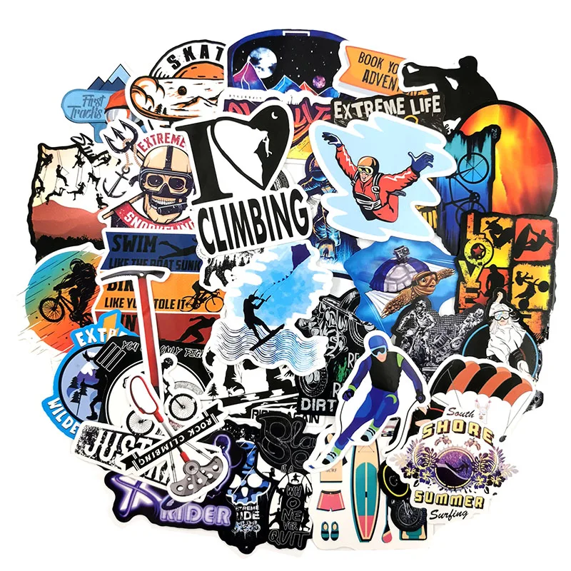 50 PCS Extreme Sports Surfing ski Mountain climbing parkour Sticker Travel Graffiti DIY for Surfboard Laptop Luggage Bicycle