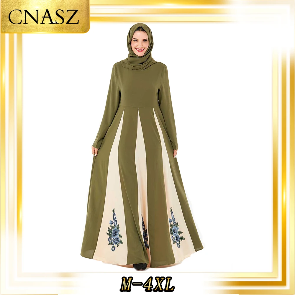Muslim Dress Arabic Large Size Abaya Femme Caftan Marocain Green Embroidered Stitching Contrast Color Long Skirt | Тематическая
