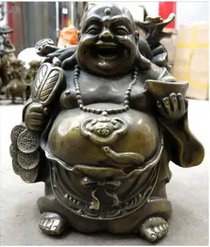 

12" China brass copper Feng Shui buddhism good luck dragon happy buddha StatuE