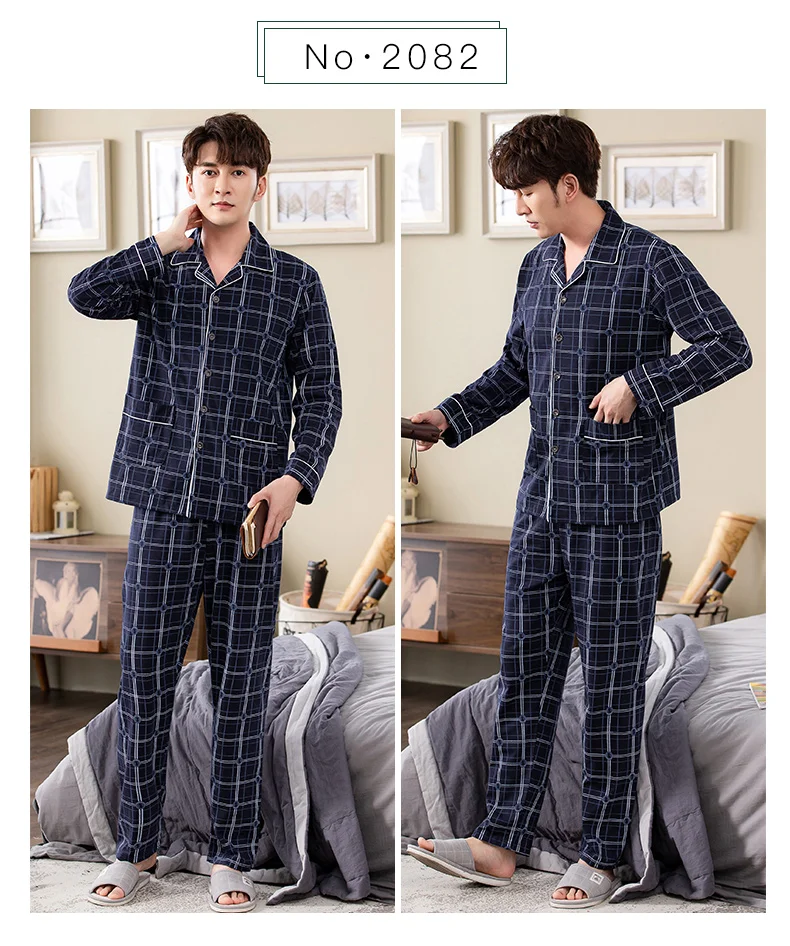 mens silk pajama set New 2021 Autumn Men Plaid Pajamas Long Sleeve Male Pajama Set Men Pure Full Cotton Pajamas For Men Sleepwear Suit Homewear 4XL mens pj short set