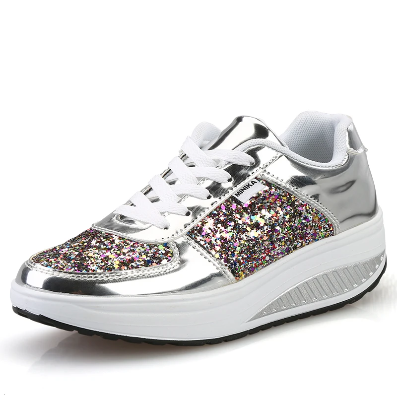 Женская обувь, раскачивающаяся, со шнуровкой, на платформе, кожаные кроссовки, визуально увеличивающие рост, женская спортивная обувь, женская спортивная обувь - Цвет: silver woman sneaker