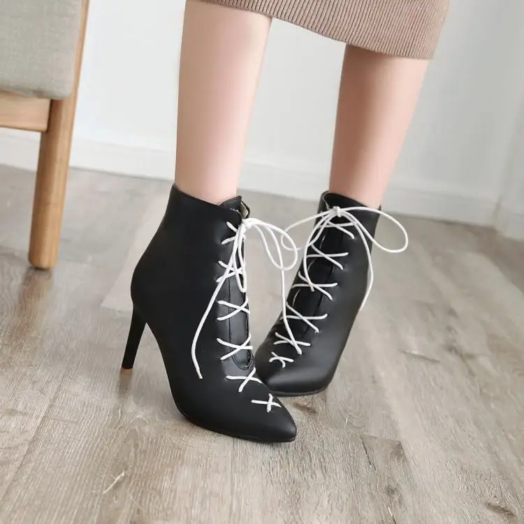 

Spring/autumn Ankle Boots For Women High Heel Pointed Toe Womens Shoes Solid Woman Black White Yellow Lace Up Fashion Size 10 42