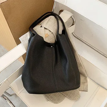 

Large Solid Color Pu Leather Shoulder Bags Simple Wild Design Bucket Handbags Trending Women's Big Tote Bag